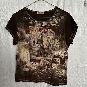Blue Canyon, Paris postage/travel stamp print short sleeve shirt, size L